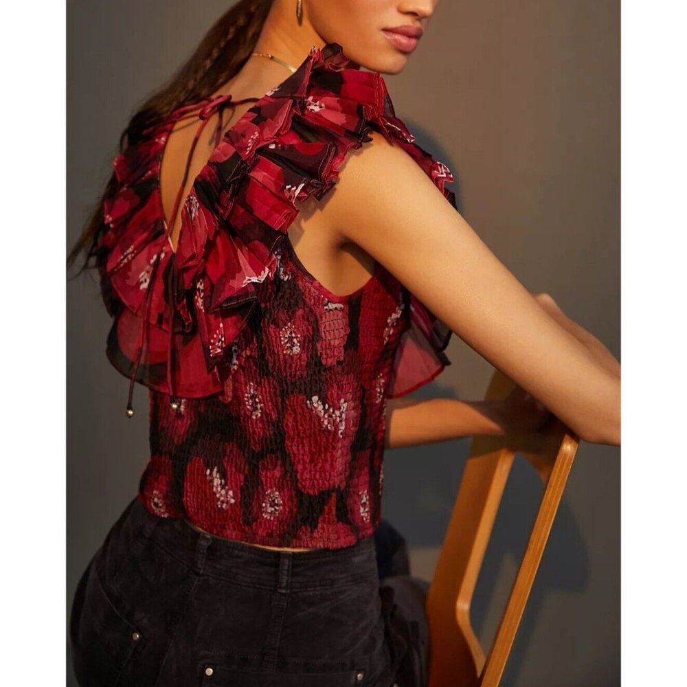 Anthropologie Ollari Organza Ruffled Floral Blouse Size Medium - Picture 2 of 8